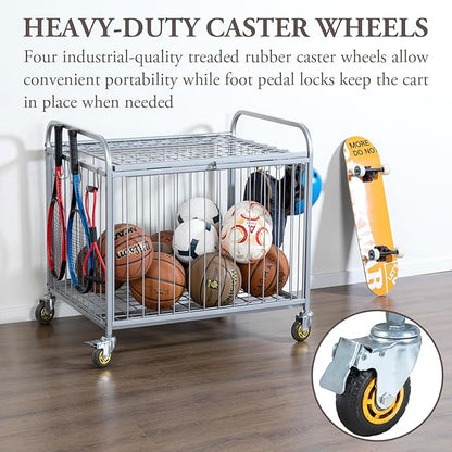 MyGift Large Capacity Metal Rolling Multi Sports Ball Cage Storage Hopper, Gym Equipment Basket