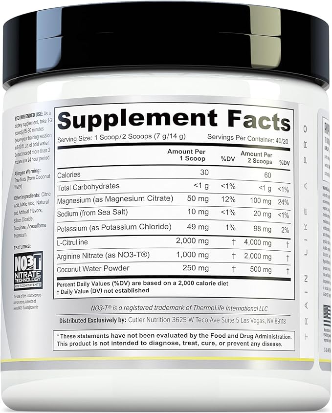Cutler Nutrition Amplify Pump Pre Workout Caffeine Free Nitric Oxide Booster containing Arginine