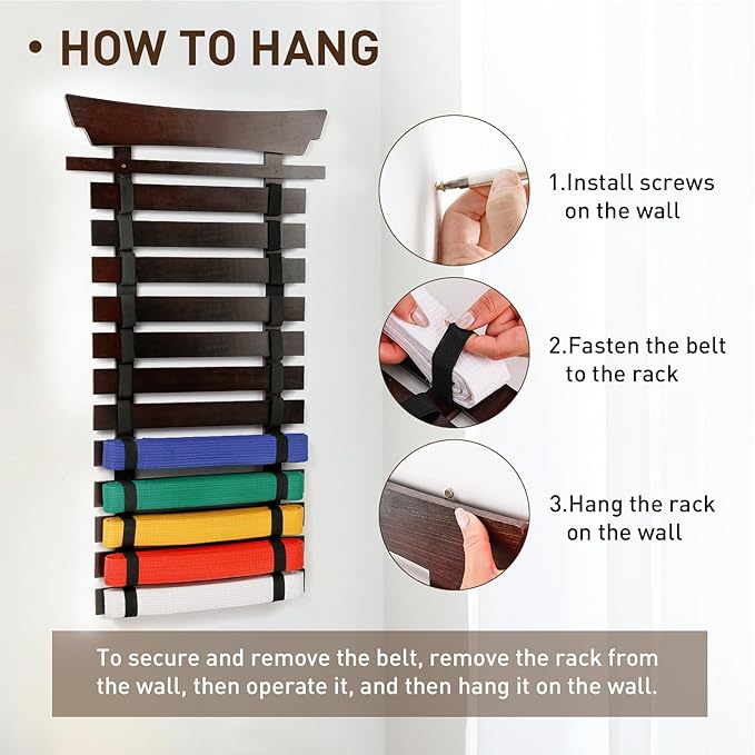 12 Belts Karate Belt Display Rack with Stickers, Martial Arts Belt Display Holder, Taekwondo Belt