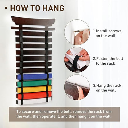 12 Belts Karate Belt Display Rack with Stickers, Martial Arts Belt Display Holder, Taekwondo Belt