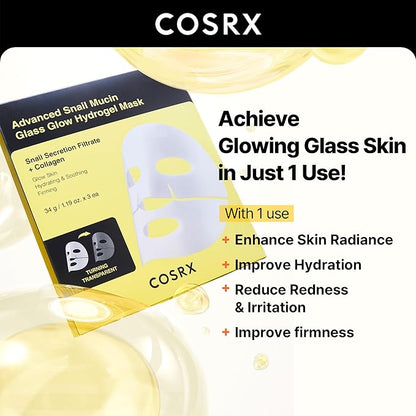 COSRX Advanced Snail Mucin Glass Glow Hydrogel Face Masks Skincare 3 EA, Collagen Face Mask, Travel