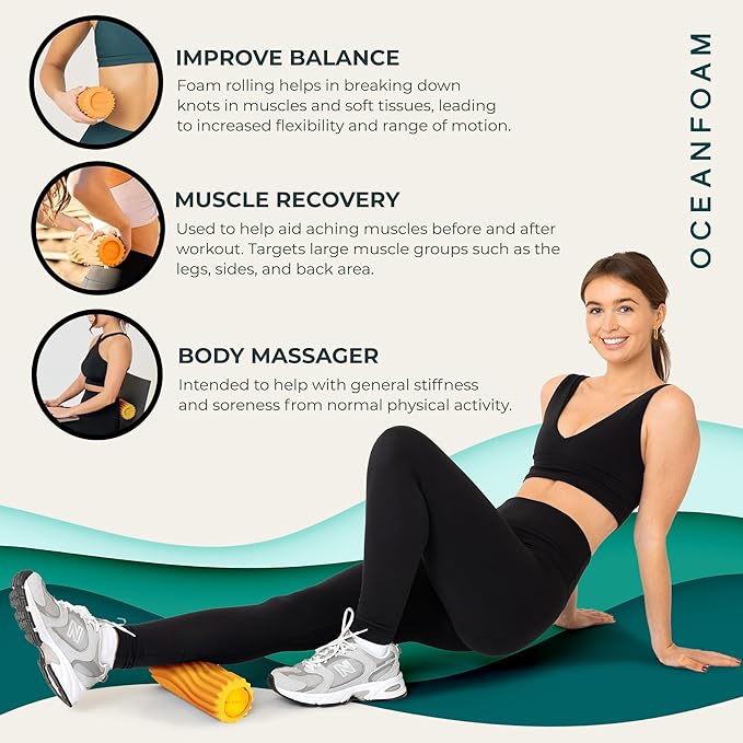 Oceanfoam Ripple Travel Foam Roller (11" x 3.35") Firm Mini Foam Roller for Physical Therapy, Deep
