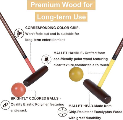 8 Players Croquet Set with 32In Regulation | 28In Standard Size Rubber Wood Mallets, Colored PE
