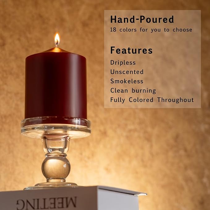 MOZEAL 3" x 6" Hand-Poured Unscented Dark Red Pillar Candles,Dripless Candles Set of 3,Long Lasting