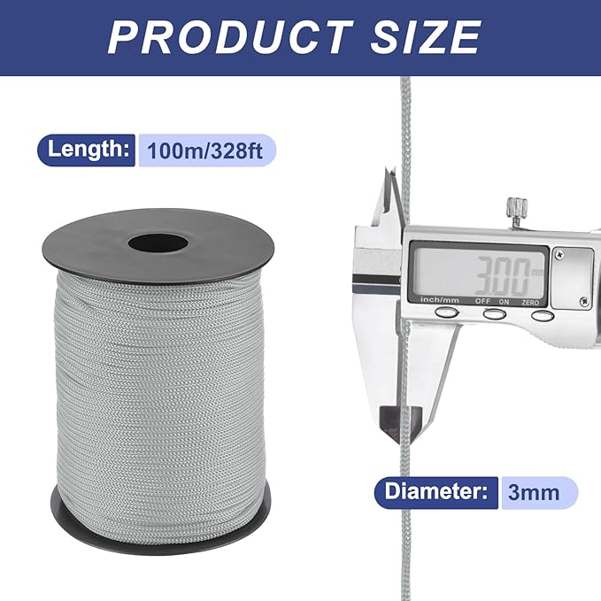 MECCANIXITY 1/8 Inch Polypropylene Rope Braided Ropes, 328ft Nylon Rope Hollow Utility Cord for