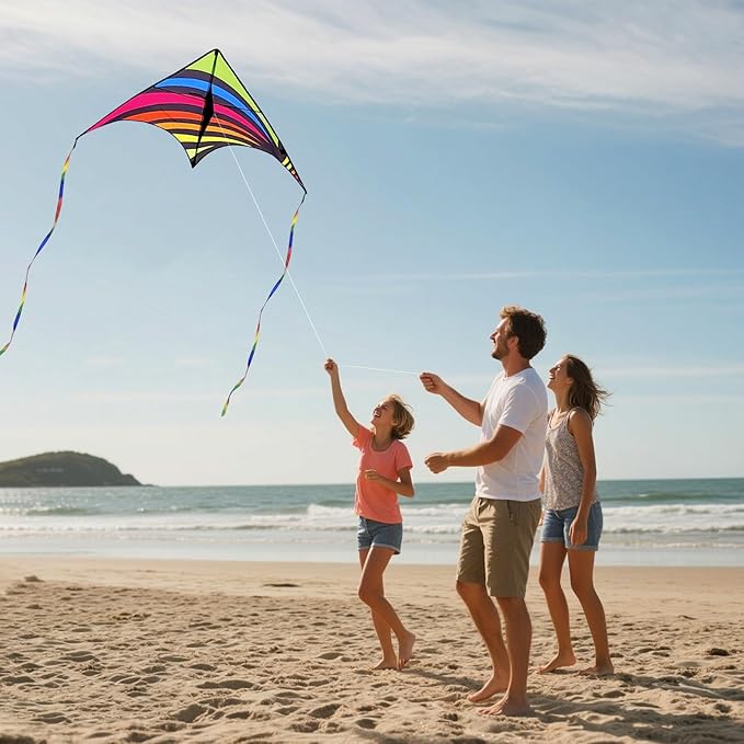 3 Pack Delta Kite Set for Adults and Kids, Single Line Beach Kites for Boys & Girls, Three Handle
