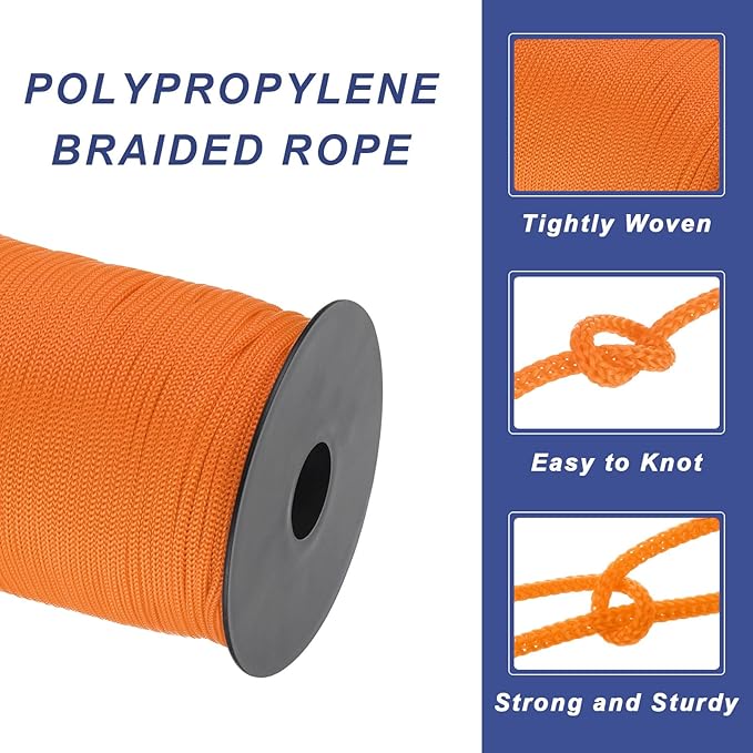 MECCANIXITY 1/8 Inch Polypropylene Rope Braided Ropes, 328ft Nylon Rope Hollow Utility Cord for