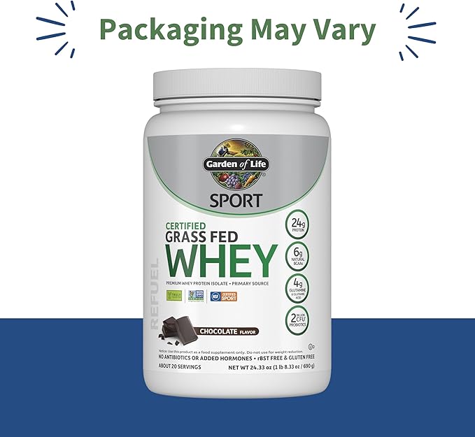 Garden of Life Sport Whey Protein Powder Chocolate, Premium Grass Fed Whey Protein Isolate Plus