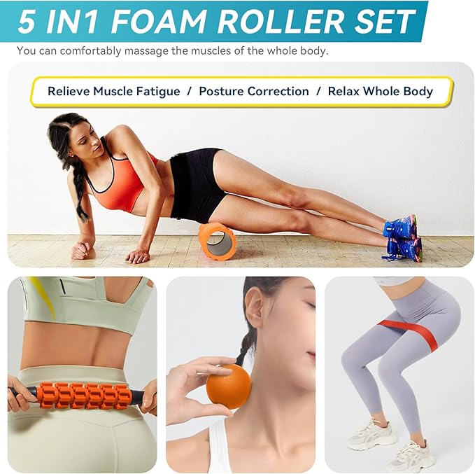 5 in 1 Foam Roller Set for Deep Tissue Muscle Massage, Trigger Point Fitness Exercise Foam Roller