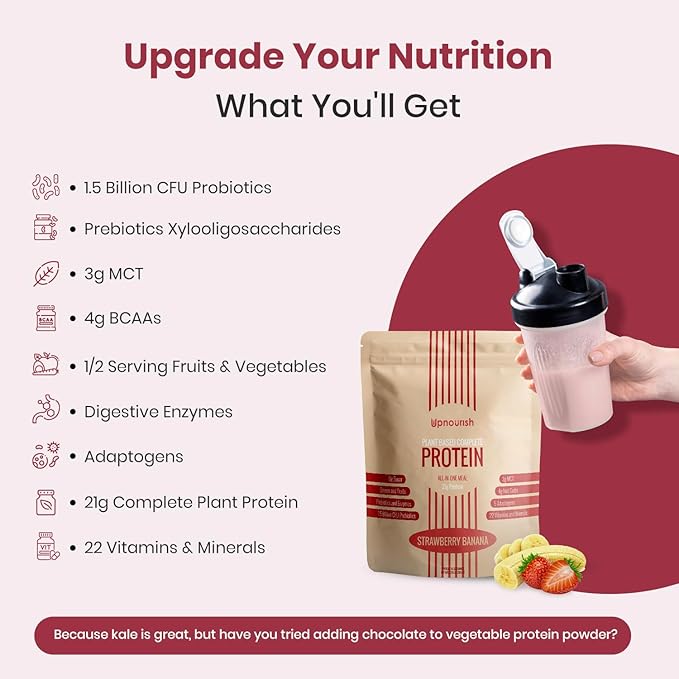UpNourish Strawberry Banana Vegan Protein Powder 54 Superfoods Powder,1.5 Billion CFU Probiotics