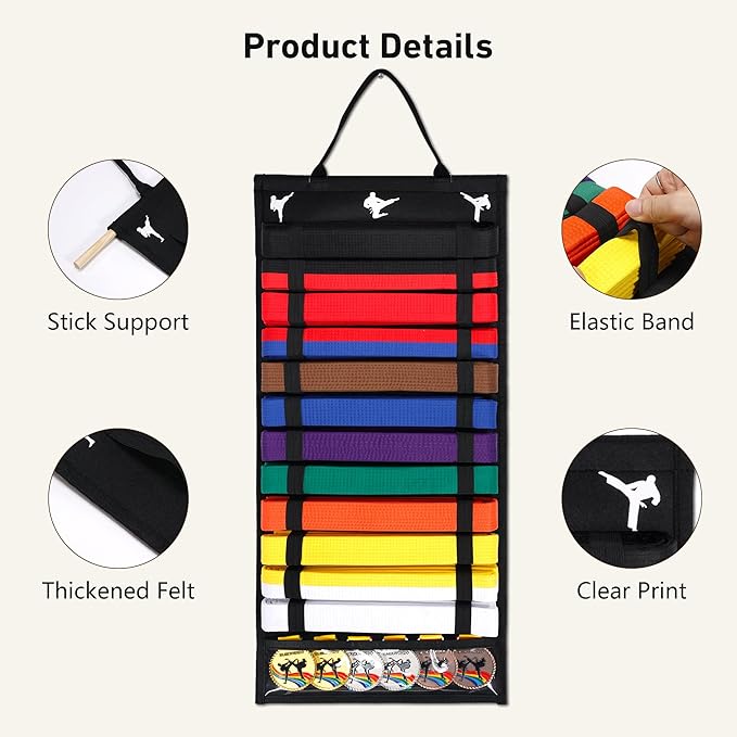 12 Belts Karate Belt Display Rack with PVC Medal Storage, Felt Taekwondo Belt Display Holder, Felt