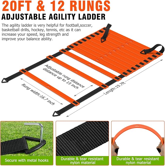 Speed and Agility Training Equipment: 5 Adjustable Agility Hurdles. 20ft Agility Ladder, Soccer