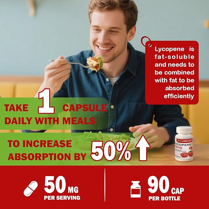 Lycopene Supplements for Men 50mg, Natural Tomato Antioxidant Supplement, 90 Veggie