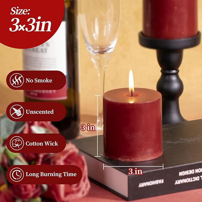 KONNI Dark Red Pillar Candles Set of 3, 3"x 3" Unscented Pillar Candles Bulk, 30 Hours Long Burning