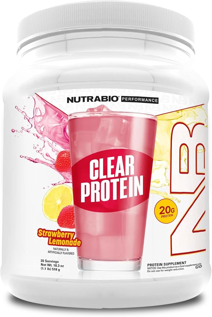 NutraBio Clear Protein Powder, Strawberry Lemonade - 20 Servings, 20g Clear Whey Protein Isolate, 0