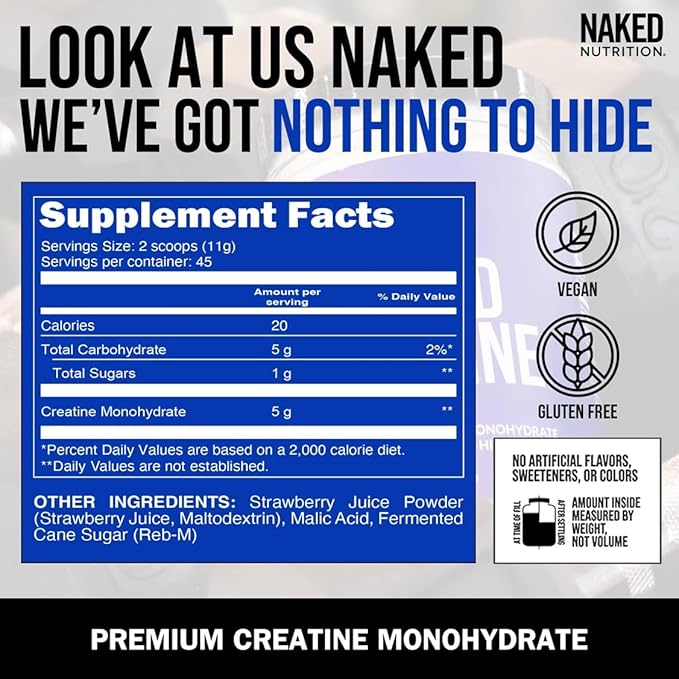 NAKED Creatine - Strawberry Flavored Creatine Monohydrate - Real Strawberry Powder, No Additives