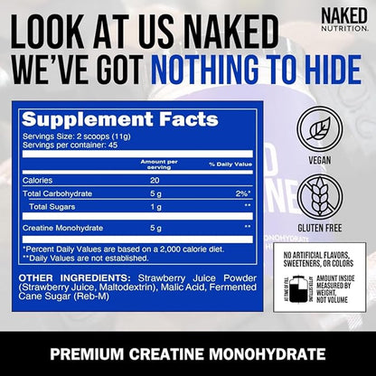NAKED Creatine - Strawberry Flavored Creatine Monohydrate - Real Strawberry Powder, No Additives