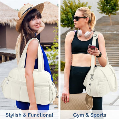 TOPDesign Travel Duffel Bag for Women, Puffer Gym Bag Sports Tote with Wet Pocket, Carry On