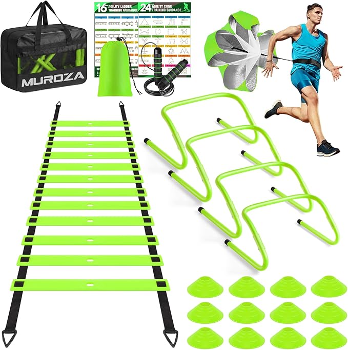 Agility Ladder, Speed Training Equipment Set, 20ft Agility Ladder, 12 Soccer Cones, 4 Hurdles, Jump