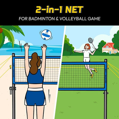 A11N Outdoor Volleyball and Badminton Combo Set - Includes Adjustable Height Anti-Sag Net