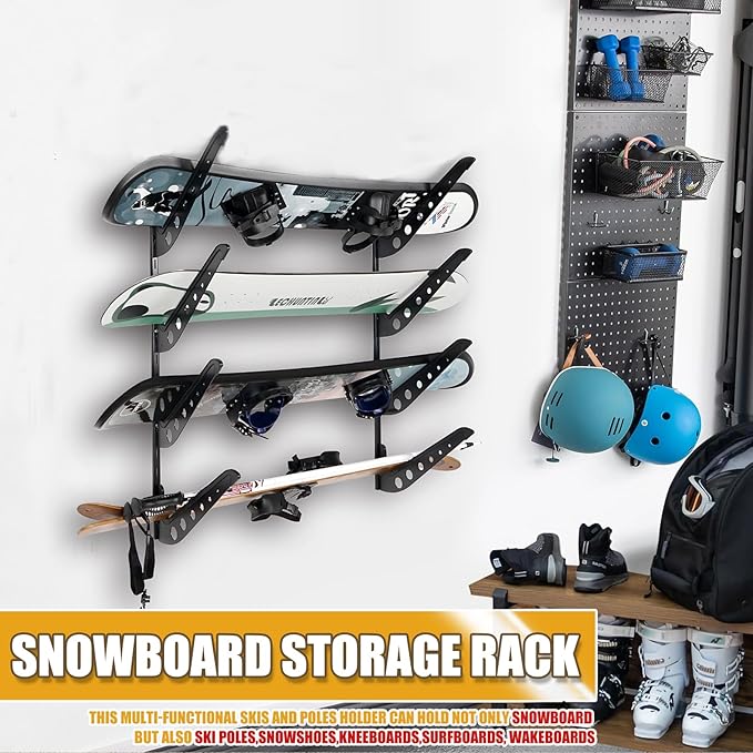 4 Board Snowboard Wall Racks, Adjustable Storage Rack for Ski, Surfboard, Wakeboard, Snowboard Wall