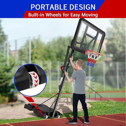 Portable Basketball Hoop Outdoor, Adjustable Height 5.5-10FT Basketball Goal with Heavy-Duty Steel