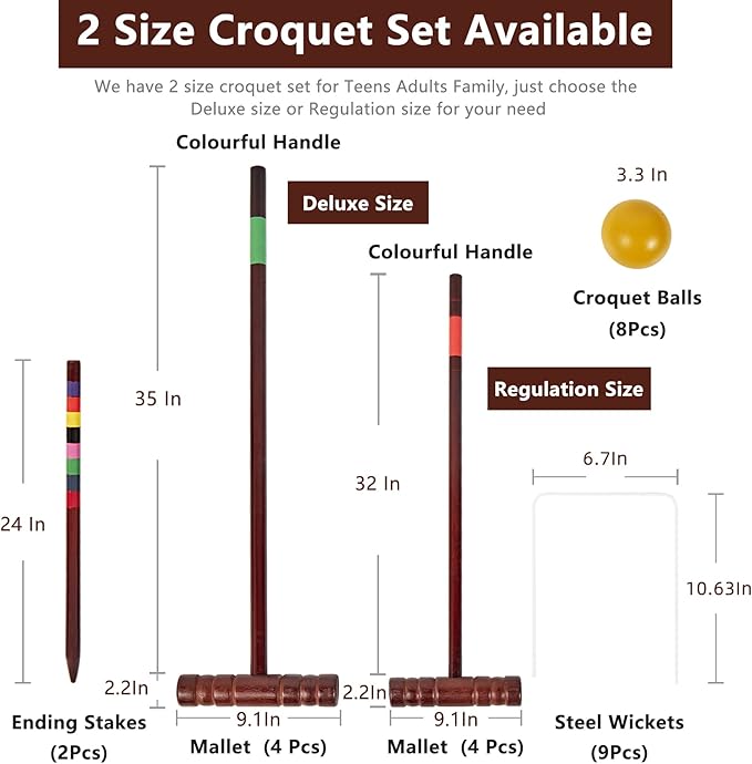 Croquet Set for Adults - 8 Players Croquette Kit with 35In Deluxe, 32In Regulation Size Rubber Wood