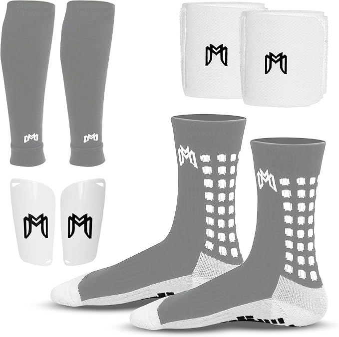 Soccer Grip Socks, Shin Guards, Pre Cut Sock Sleeves, and Guard Straps Bundle Pack - Essential