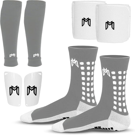 Soccer Grip Socks, Shin Guards, Pre Cut Sock Sleeves, and Guard Straps Bundle Pack - Essential