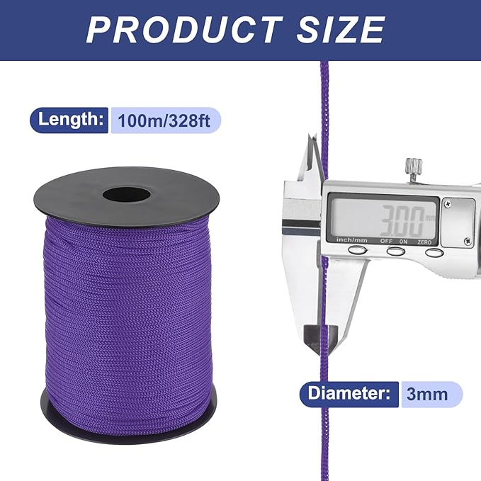 MECCANIXITY 1/8 Inch Polypropylene Rope Braided Ropes, 328ft Nylon Rope Hollow Utility Cord for