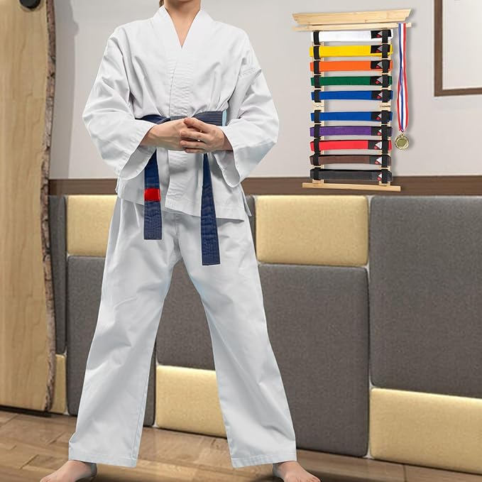 JUXYES Wall Hanging Martial Arts Belts Organizer for 10 Belts with Medal Hanger and Stickers