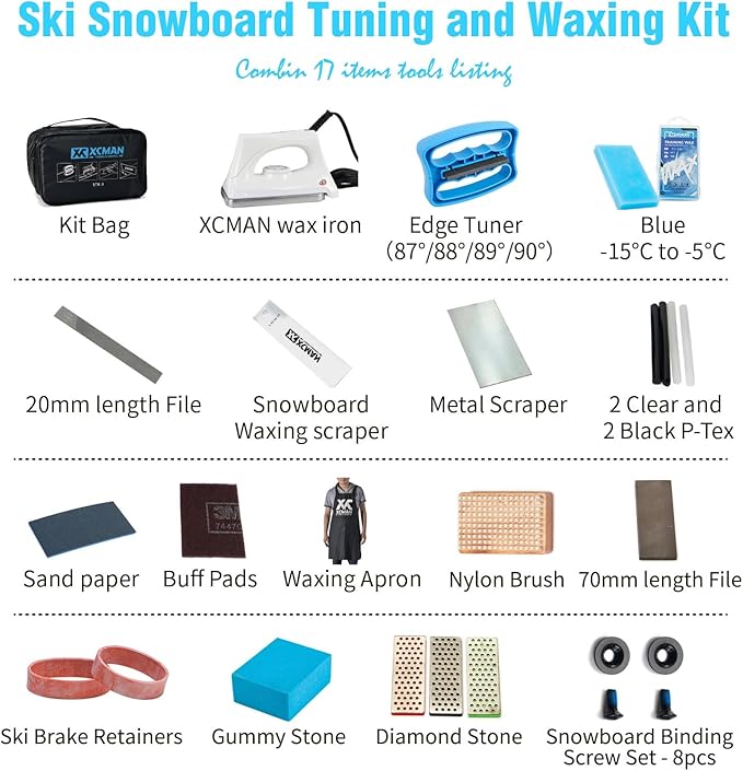 XCMAN Complete Ski Snowboard Tuning Waxing Combo Kit with Waxing Iron,Ski Wax,Side Edge Tuner,Ptex
