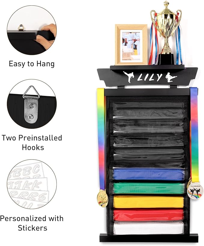 Tilhumt 12/10 Belts Karate Belt Display Rack with Stickers, Taekwondo Belt Display with