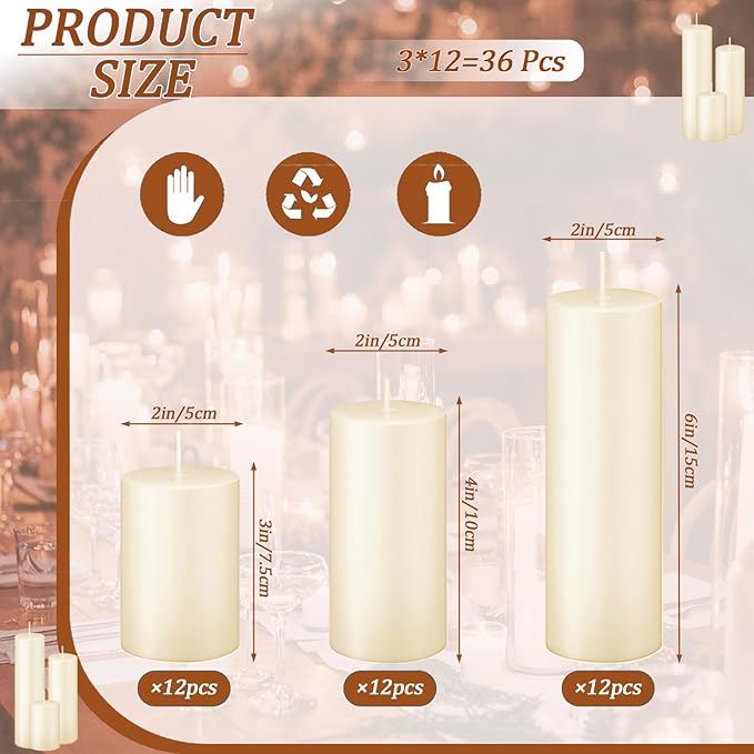 36 Pcs Ivory Pillar Candles Bulk Set，Hurricane Candlesï¼? Different Lengths 2 x 3/4/6 Inch (12