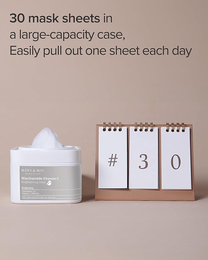 Mary&May Niacinamide Vitamin C Mask | 30 Sheets | Daily Korean Face Mask | Hydrates, Boosts