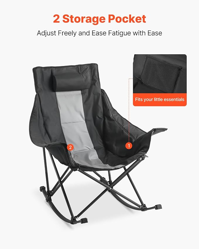 VEVOR Rocking Camping Chair, Portable Folding Rocker, Heavy-Duty Lawn Chair Recliner with Cupholder