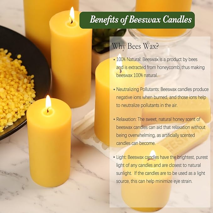 Natural Beeswax Candles Set of 6, Handmade Beeswax Pillar Candles Set, 6 Sizes, 100% Pure Unscented