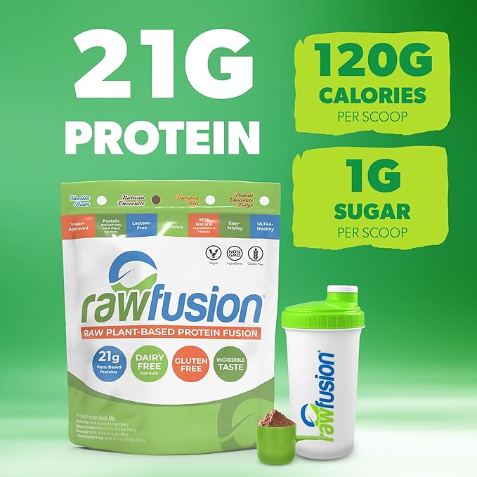 Rawfusion 4lbs- Raw Plant Based Protein Powder, Natural Chocolate - 21g of Protein, Vegan, Low Net