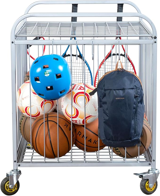 MyGift Large Capacity Metal Rolling Multi Sports Ball Cage Storage Hopper, Gym Equipment Basket