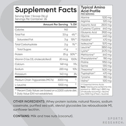 Sports Research Whey Protein Isolate - Sports Nutrition Protein Powder 25g per Serving - 2.1lb Bag
