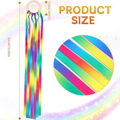 Junkin Ribbon Rings Hand Kite Waldorf Toys Dancing Wrist Ribbons Rainbow Streamers with Wood Ring