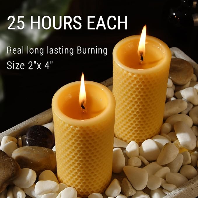 Natural Beeswax Pillar Candles 4 Packs - Honeycomb Surface - 100% Pure Beeswax Candles No Scent
