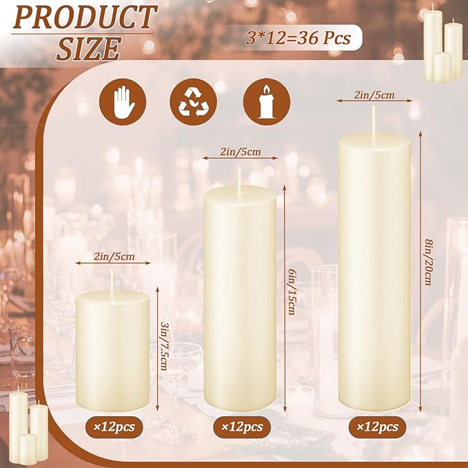 Ivroy Pillar Candles Bulk Set of 36，Hurricane Candlesï¼? Different Lengths 2 x 3/6/8 Inch (12