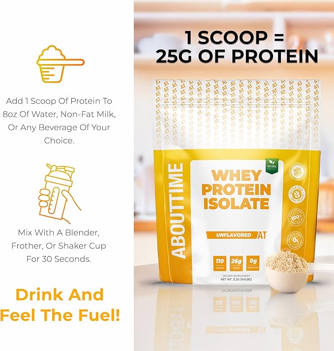 About Time Unflavored Whey Protein Isolate Powder 26g, Natural Ingredients, Non-GMO, Gluten-Free