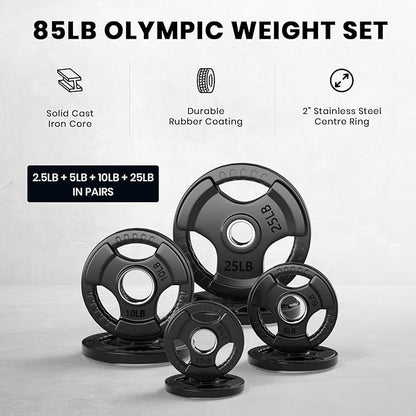 LIONSCOOL 2-Inch Rubber Olympic Grip Weight Plates for Strength Training, Weightlifting, Solid Cast