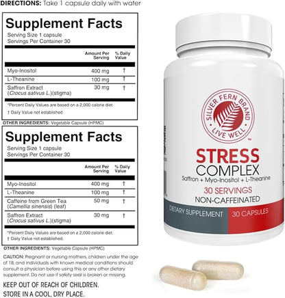 Silver Fern Stress Complex Supplement - with Caffeine - Sleep, Worry, Mood & More - with Saffron