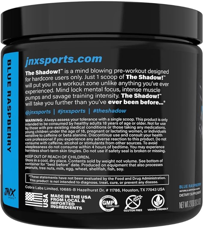 JNX SPORTS The Shadow! 350mg of Caffeine Hard Core Preworkout - Blue Raspberry 30 Servings |