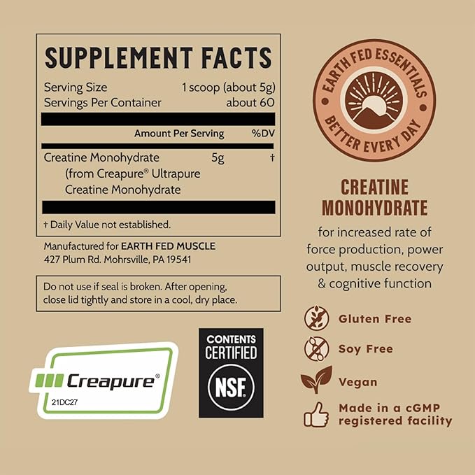 Earth Fed Muscle Transcend Creatine Monohydrate Powder – 100% German Creapure Creatine for Women |