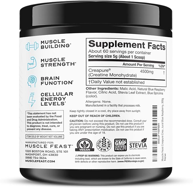 Muscle Feast Creapure Creatine Monohydrate Powder, Vegan Keto Friendly Gluten-Free, Muscle Recovery