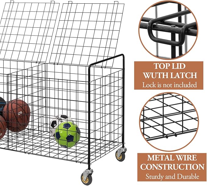MyGift X-Large Capacity Black Metal Sports Ball and Gym Equipment Storage Rolling Cart with 2